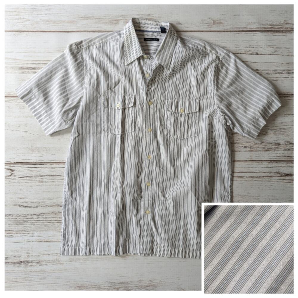 Van Heusen White Short Sleeve Stripe Button Down Shirt w/ Gray and Blue Stripe L